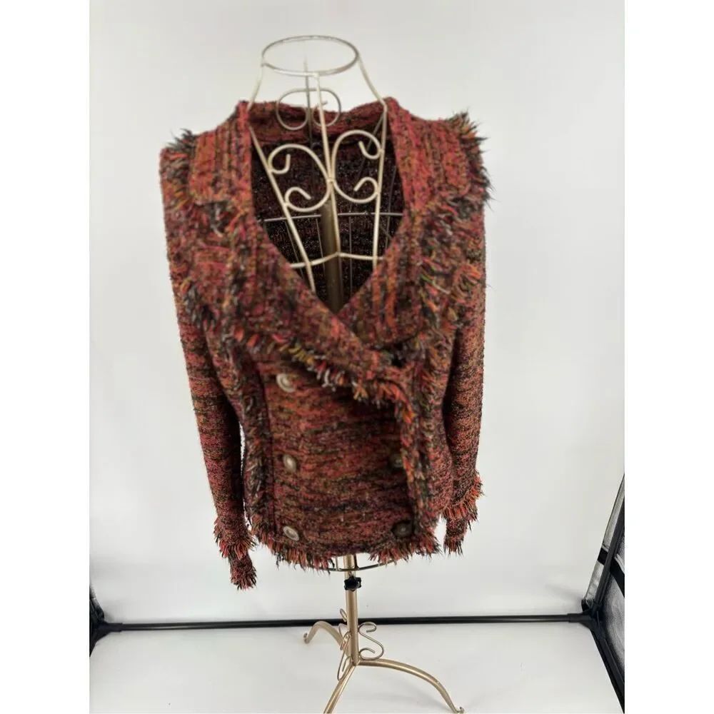 One Girl Who Anthropologie Double Breasted Tweed Fringe Knit Jacket Multicolor S
